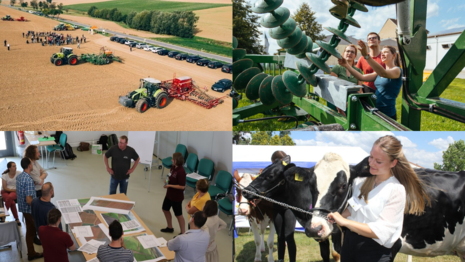 Collage mit Foto von Veranstaltungen zum Thema »Landwirtschaft«: Eine Frau Mit Pferd, Traktoren auf dem Acker, Personen besichtigen Landwirtschaftstechnik