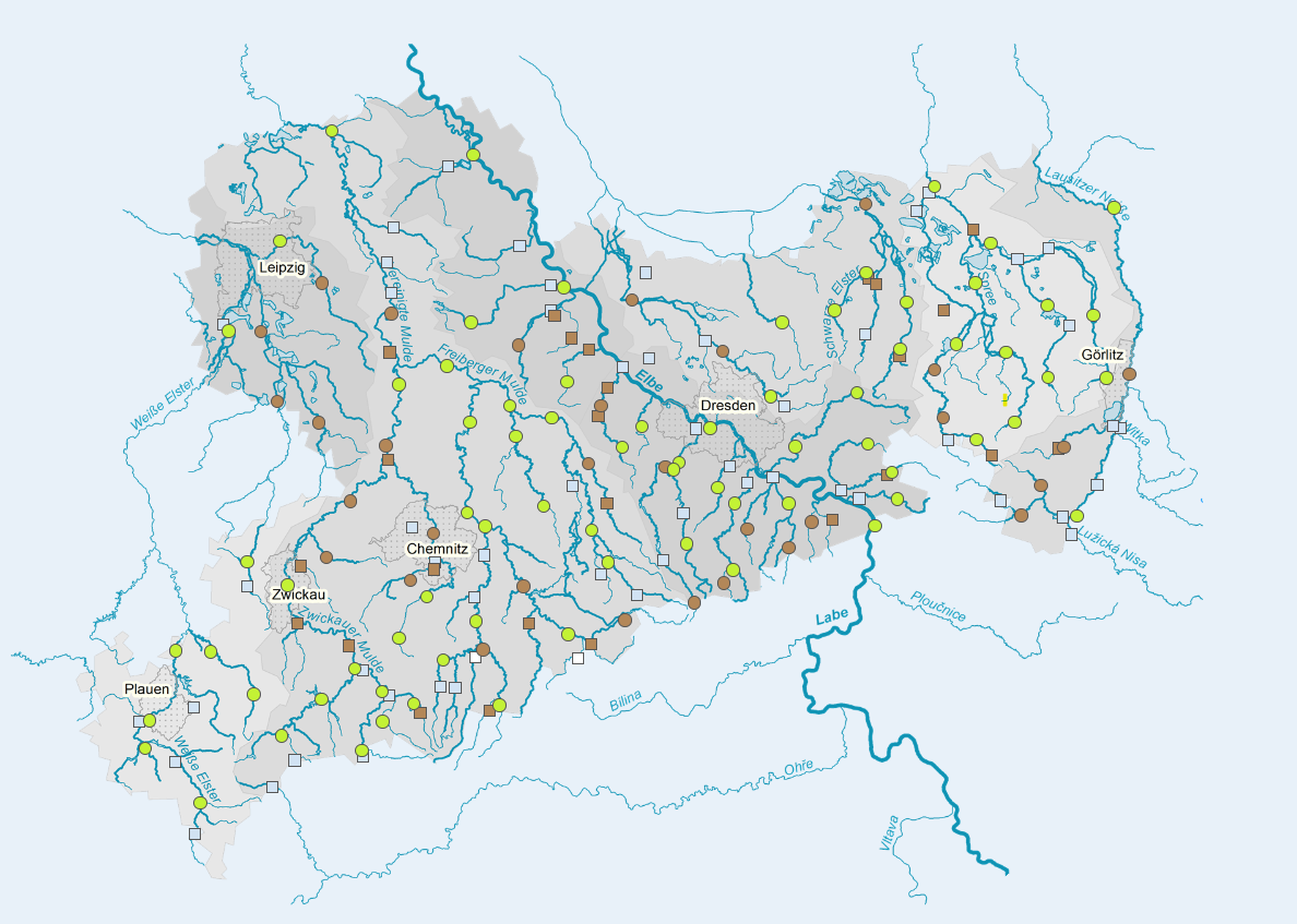 Wasserstände Sachsen: Kartenumriss von Sachsen mit Flussläufen und Markierungen der Messpunkte